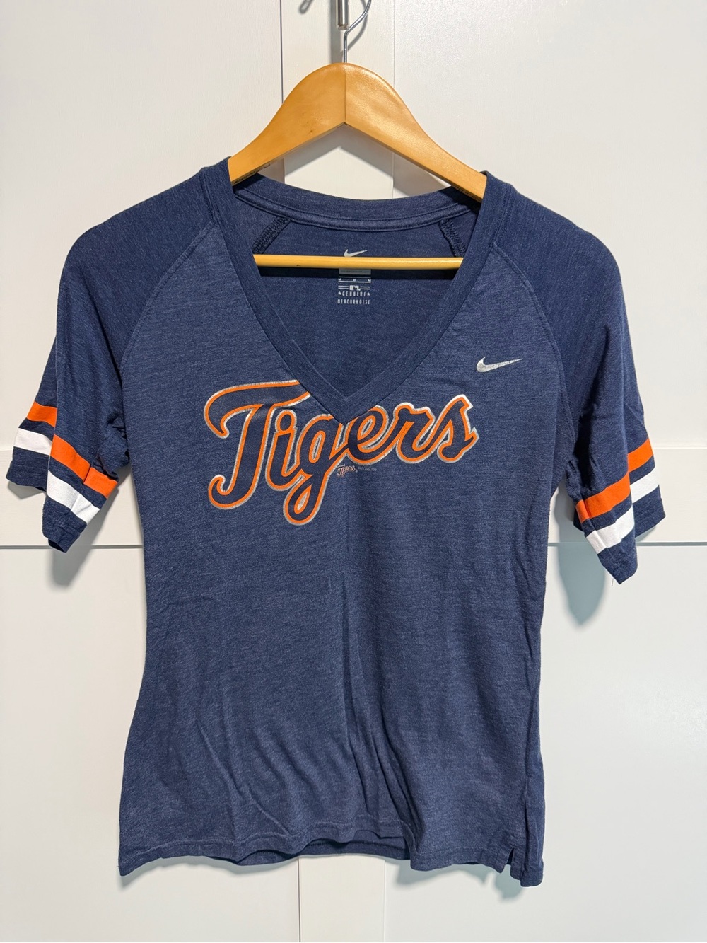 Nike Navy 'Tigers' V‑Neck Short Sleeve Tee with Orange & White Accents